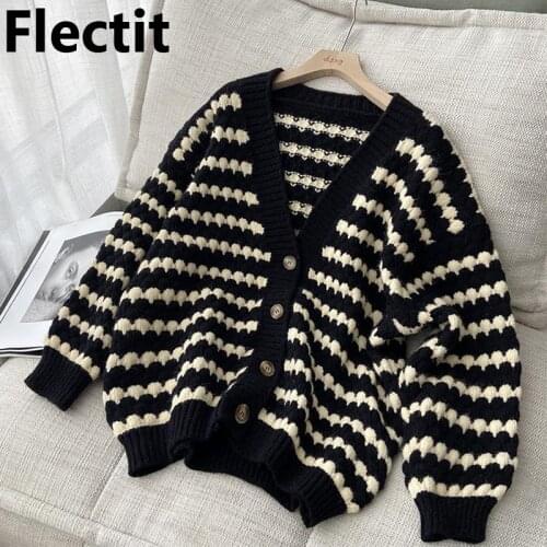Flectit Womens Cardigan With Pearl Button Long Sleeve O-Neck Lurex Knit Sweater Female Spring Autumn Vintage Outfit