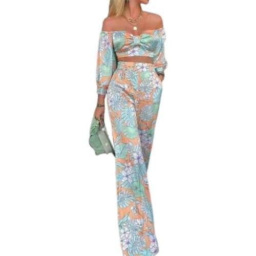 1 Set Sexy Crop Top Pants Set Floral Print Off Shoulder Women Half Sleeve Blouse Straight Leg Trousers Streetwear Clothing