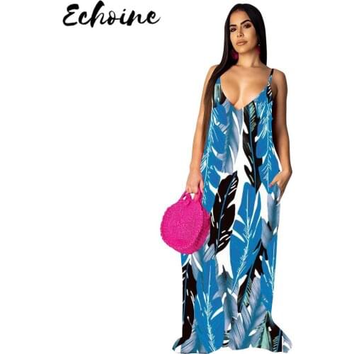 Echoine Summer Sexy Spaghetti Straps Leaf Print Long Loose Dress Fashion V Neck Plus Size Elegant Beach Sundress Casual Skirt