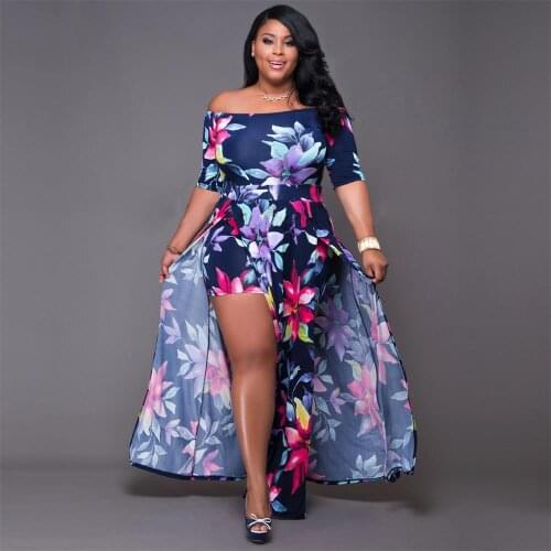 Dress Women Plus Size Summer High Waist Off Shoulder Dresses Maxi Elegance Sexy Split Shorts Floral Dress Wholesale Dropshipping