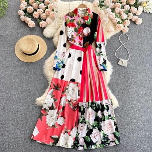 Womens Long Sleeve Boho Flower Print Pleated Holiday Vestidos Autumn Fashion Designer Rose Floral Dot Striped Maxi Dress 8615
