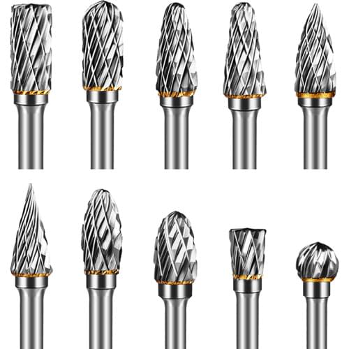 10pcs Double Cut Burr Bit Set 1/8 Inch Shank Tungsten Carbide Rotary Files Diamond Burrs for Grinder Drill Woodworking Carving