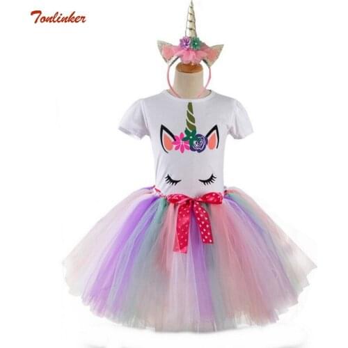 Christmas Unicorn Cosplay Costume For Girls 3PC Cotton T-shirt Tulle Tutu Skirt With Headband Children Birthday Party Costumes