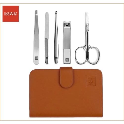 5PCS/Set Huohou Nail Clipper Stainless Steel Nose Hair Trimmer Tweezer Curette Portable Travel Hygiene Kit Nail Cutter Tool Sets