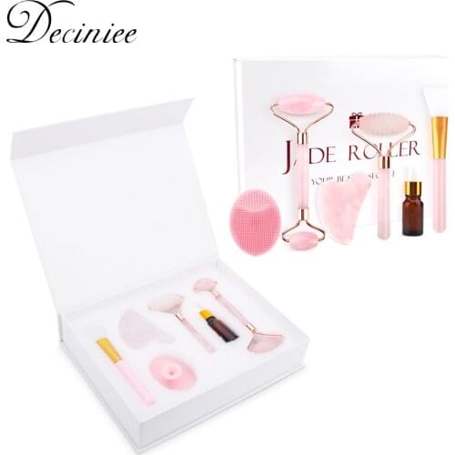6 in 1 Jade Roller Rose Quartz Natural Stone Crystal Slimmer Gua sha Stone Board Massage Scrapers Tools Kit For Neck Back Face