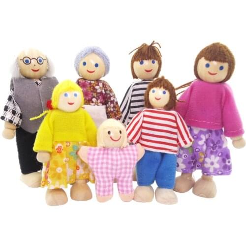 7pcs Happy Wooden Dolls Family Dollhouse Miniature 1:12 Scale Display Stand Gifts