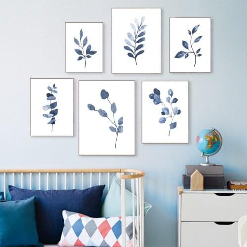 Watercolor Indigo Blue Botanical Posters and Prints Branches Leaves Plants Canvas Painting Wall Art Pictures Living Room Decor