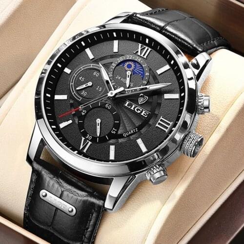 2021 New Mens Watches LIGE Top Brand Leather Chronograph Waterproof Sports Automatic Date Quartz Watch For Men Relogio Masculino