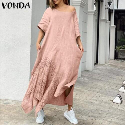 Maxi Long Dress VONDA 2021 Women Cotton Casual Party Maxi Dresses Bohemian Vestidos Oversize Loose Half Sleeve Patchwork Robe