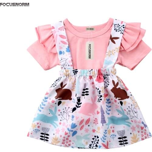 Cute Lovely Summer Toddler Girls Sets 0-4Y Pink Petal Sleeve Cotton Pullover T-Shirts Rabbits Floral Print Overall Skirts 2PCS