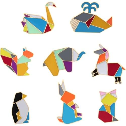 Creative Color Brooches Splice Origami Animal Enamel Pin Badge Horse Rabbit Penguins Cat Squirrel Clothes Lapel Pins Accessories