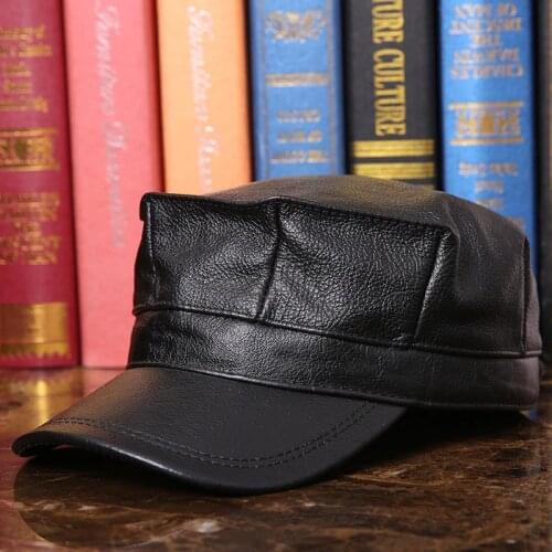 Mens Leather Hat Adult Autumn Winter Leather Cap Elderly Octagonal Cap Genuine Leather Flat Hat Male Peak Baseball Cap B-7288