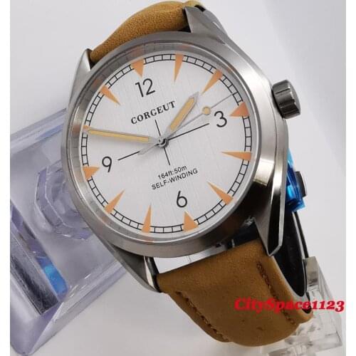 41mm Corgeut Men watch White Dial Sapphire Glass Automatic movement Stainless Steel Waterproof mechanical wristwatches