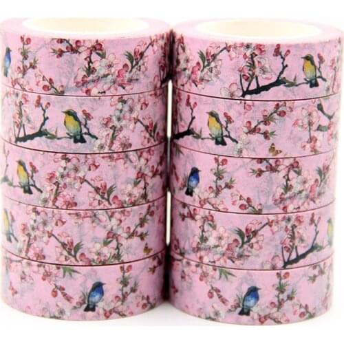 New 10pcs/set 15MM*10M Pink Flower, birds Washi Tape Floral Masking Tapes Decorative Stickers Diary Deco Scrapbooking Sticker
