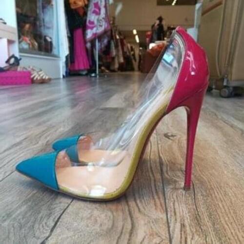Sexy Clear PVC Patchwork Pumps 12cm 10cm 8cm Stiletto Heels Muti-color Dress Shoes Patent Leather Popular Banquet Shoes Size 45