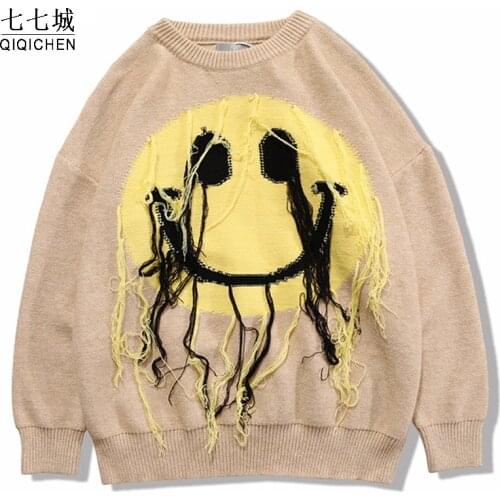 Harajuku Hip Hop Smiley Pullover Sweater Men Oversized Knitted Sweaters Mens Women Tassel 2021 New Sweater Couple
