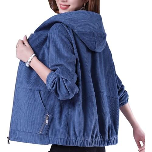 Plus Size Womens Corduroy Hooded Jacket Female 2021 Spring Autumn New Loose Casual Middle-Aged Mother Outerwear Women Tops