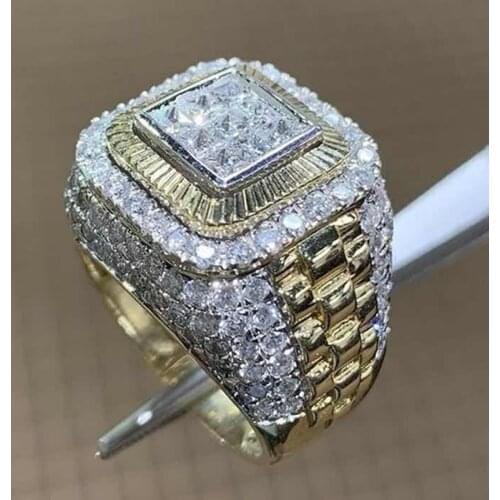 Luxurious Mens Gold Color Natural Birthstone Crystal Ring Anniversary Banquet Ring Luxury Wedding Band Jewelry