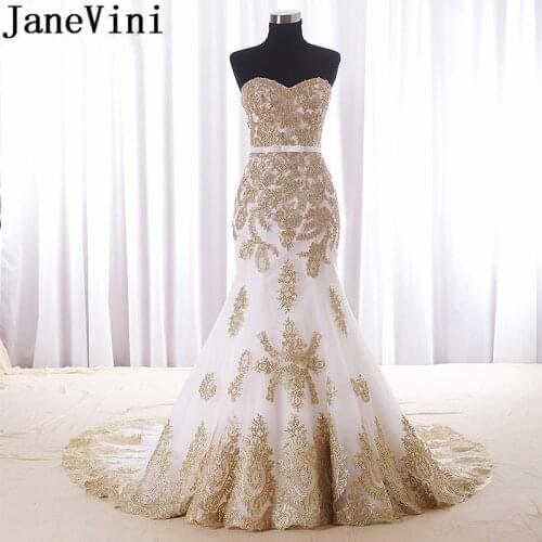 JaneVini Luxury Saudi Arabia Mermaid Wedding Dresses Long Train 2019 Sweetheart Gold Appliques Plus Size Bridal Gown Abiti Sposa