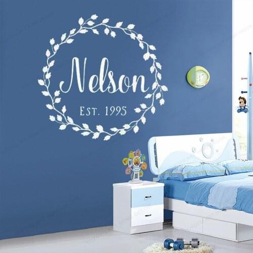 Custom Name Vinyl Wall Decal Wedding Vine Wreath wall sticker personalized kids room decor HJ984