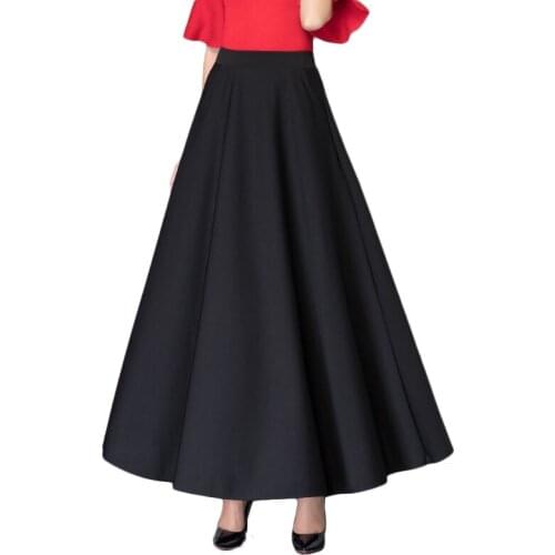 Elegant Skirts Womens Pleated Skirt Korean Red Black Solid Color Long Skirt Women High Waist Vintage Big Swing Office Maxi Skirt