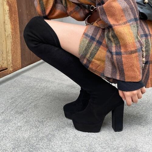HARAVAL Women Stretch Long Boots Black Winter Autumn Waterproof Platform Super Thick Heels Fashion Elegant Lady Shoes Mode E178L