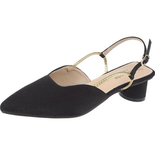 Womens Summer Sandals Baotou Shallow Mouth Buckle Middle Heel Sandals Comfortable Anti Slip Wear Resistant Small Round Head