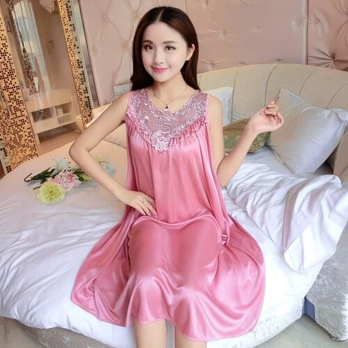 Female Women Nightgowns One Size Clothes V Neck Solid Color Sleeveless Satin Silk Nightwear Sexy Fashion Sleepwear Sleep Dress