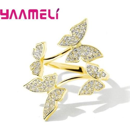 925 Sterling Silver Cute Statement Proposal Adjustable Rings For Women Butterfly Design Fashion Crystal Jewelry Wholesale