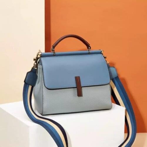 Full Genuine Leather Women Handbags Fashion Stripe Wide Strap Ladies Shoulder Messenger Crossbody Bags Popular Contrast Color