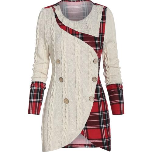 Wipalo Women Fashion Oversized Tartan Panel Mock Button Asymmetric Knit Sweater Autumn Vintage Casual Long Pullovers Jumper Tops