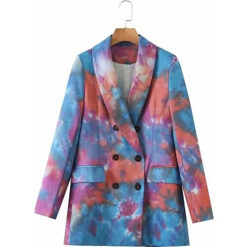 Women 2021 Fashion Double Breasted Graffiti Print Blazers Coat Vintage Long Sleeve Tie Dye Female Outerwear Chic Jacket Suits