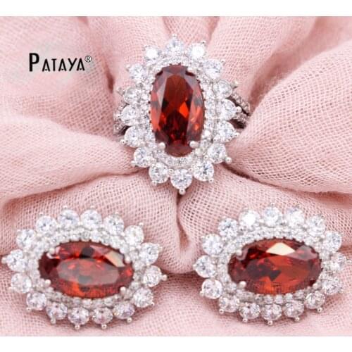 PATAYA RU Hot Sale Women Luxury Jewelry Set Green Oval AAA Natural Zircon Earrings Ring Set Sunflower True White Gold Jewelry