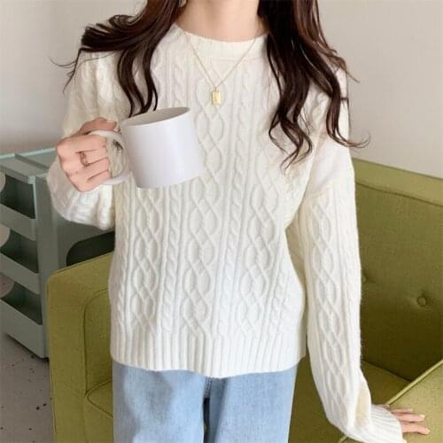 ZJZLL New Autumn Winter Soft Simple Korean Style Versatile Retro Loose Comfortable Twist Round Neck Knitted Sweater Top Women