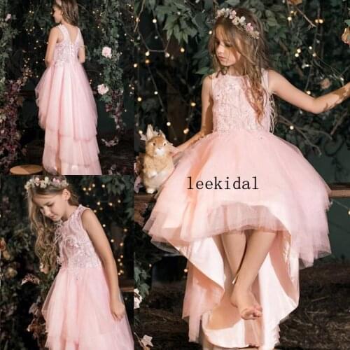 Pink High Low Flower Girls Dresses Lace Applique Beads Jewel Neck Kid Formal Customized A Line Custom Made First Communion Dress