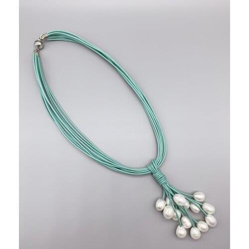 FoLisaUnique 10Strands Leather Freshwater Baroque Pearl Cluster Pendant Choker Necklace For Women