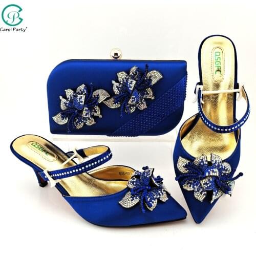 Italian Design 2021 African Summer Royal Blue Color Ladies Shoes and Bag Set Special Flower Decoration for Party Wedding