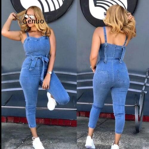 Women Summer Fashion Streetwear Jumpsuit Female Denim Rompers Bodycon Pockets Camis Playsuit Women Casual Sexy Bandage Jumpsuits