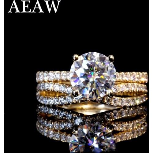 14K Yellow Gold Ring Set Round Brilliant Cut DF 3ctw 8mm Moissanite Engagement Ring & Wedding Band For Women