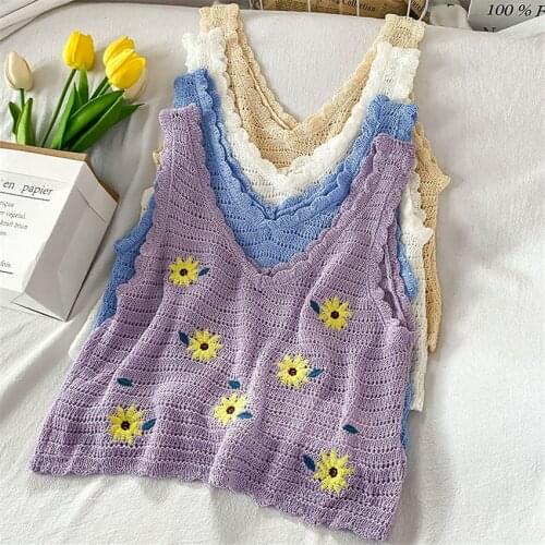 Women Crop Top Floral Embroidery Tank Tops V Neck Sleeveless Knit Tops Boho Beach Vest Female Camisole Mujer