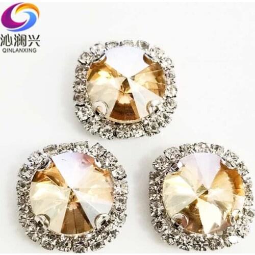 Round shape top glass crystal rhinestones with hole,champion Silver bottom sew on stone for Diy Clothing accessories SWWK05