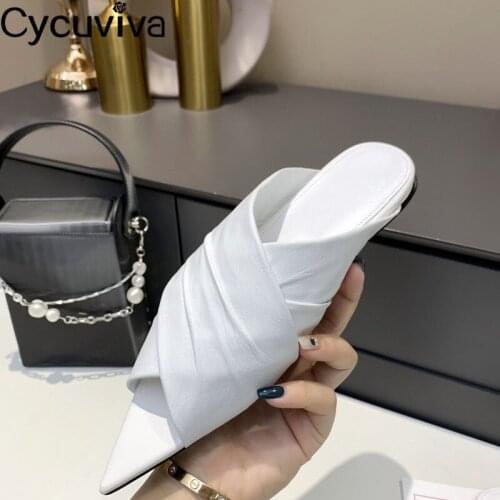 Summer Pointed Toe Flat Mules Slip On Genuine Leather Slippers Ladies Shoes Casual Party Peep Toe Black White Slides For Women