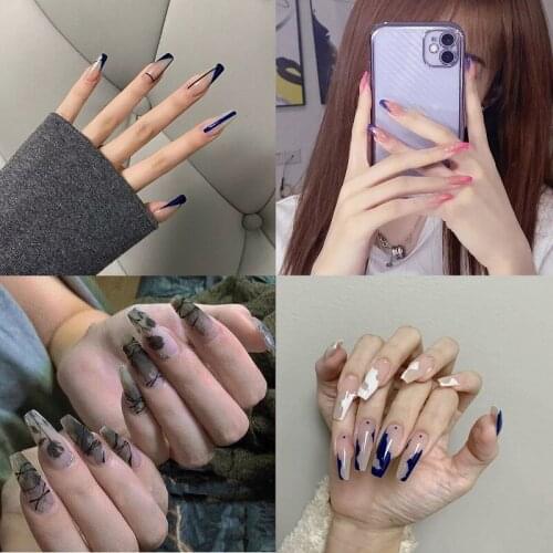 24PCS Set Long Fake Fingernail with Designs Stick On Jelly Gel Acrylic Full Cover Coffin Nail Tips W00X