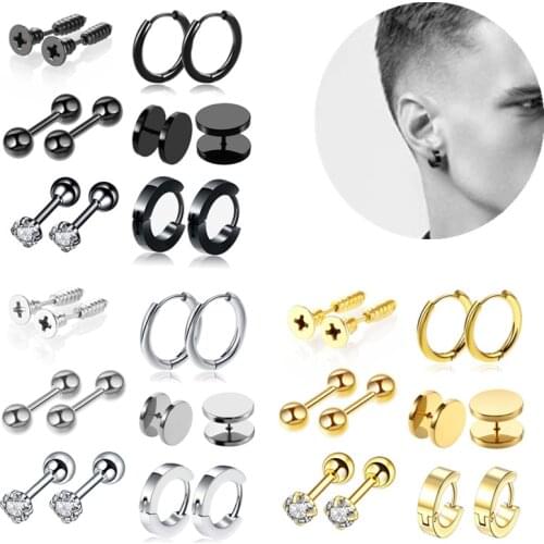 12PCS Stainelss Steel Punk Earrring Set Men Earring Hoop Lot Gothic Earring Pack For Women Men Fake Ear Plug Unisex Ear Stud Set