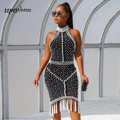 2020 New WomanS Dress Black And White Beading Tassel Backless Sexy Celebrity Cocktail Party Bandage Dress Vestidos Wholesale