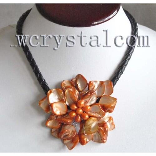 Orange Shell & Cultured Pearl one Flower pendant Handmade Necklace