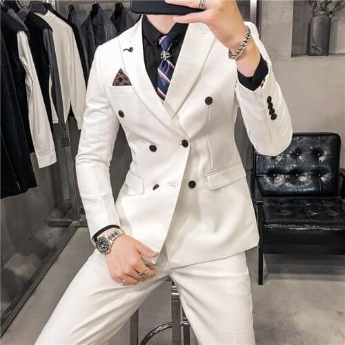 Jacket + Pants ) High-end Solid Color Mens Casual Business Double-breasted Suit 2pcs Set Groom Wedding Dress Tuxedo