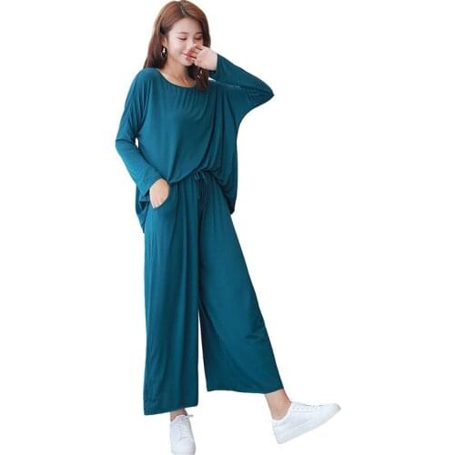 Oversize Cozy Pajamas Two-piece set Women Elasticity Wide leg pants Long sleeve Suit Solid color Modal Sets 100kg can wear KW82