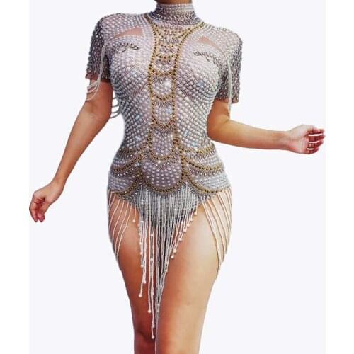 Luxurious Pearl Rhinestones Bodysuit Sexy Performance Female Singer Leotard Stage Wear Birthday Party Stretch Outfit Dance Wear