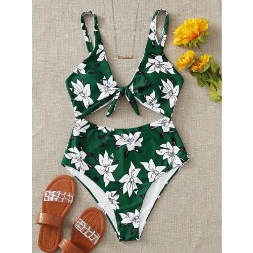 Sexy Cut Out One Piece Swimsuit Women Floral Halter Push Up Bathing Suit Bowknot Padded Bandage Brazilian Swimwear 2021 Monokini